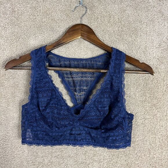 Victoria Secret Bralette Bra Size Large Navy Lace Racerback Lightly Lined V Neck - Picture 1 of 9